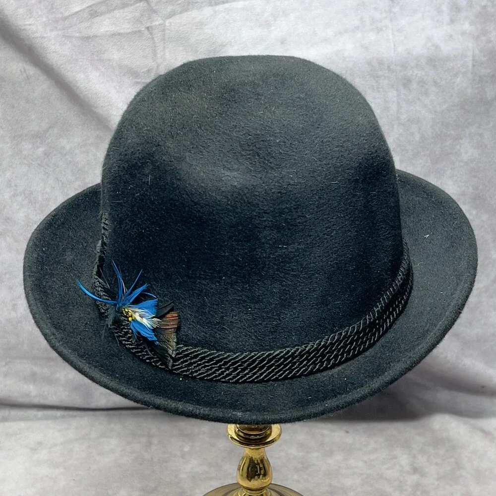 VTG Fur Felt Fedora Mens 7 1/8 Black Custom Cord Band Feather Soft Union Made